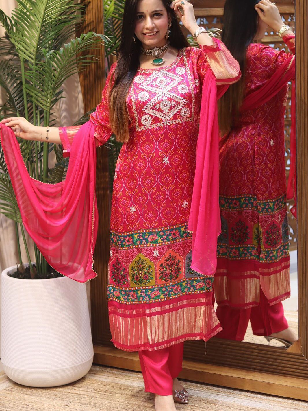 Exclusive Bandhani Print Muslin Kurti Set with Embroidery & Dupatta - Radiant Pink