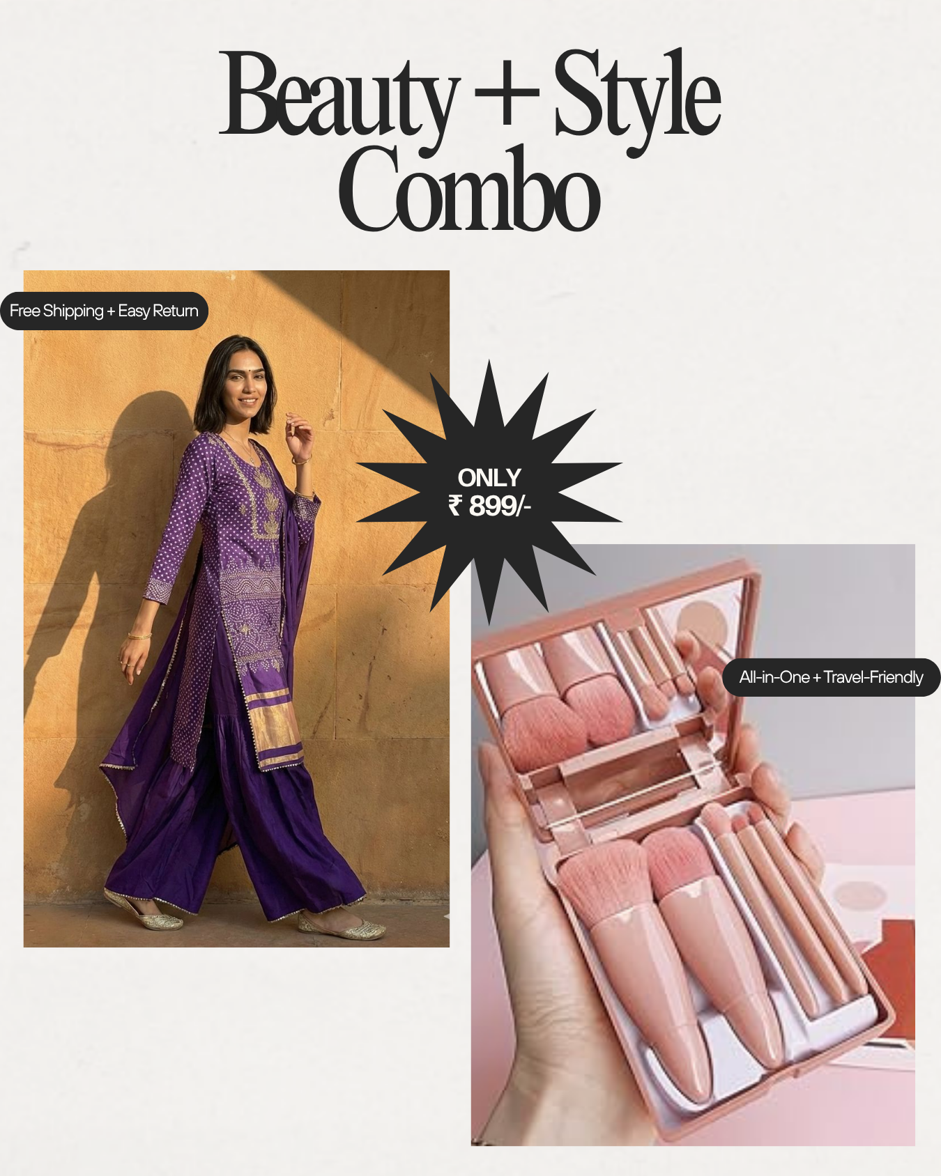 Exclusive Purple Chinon Kurta Set with Gold Embroidery & Portable 5-in-1 Travel Makeup Brush Set with Mirror - Festive Ready Beauty & Fashion Combo