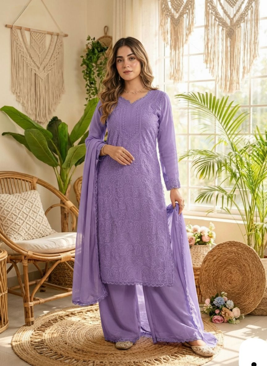 Premium Lavender Chikankari Fox Georgette 3-Piece Suit Set