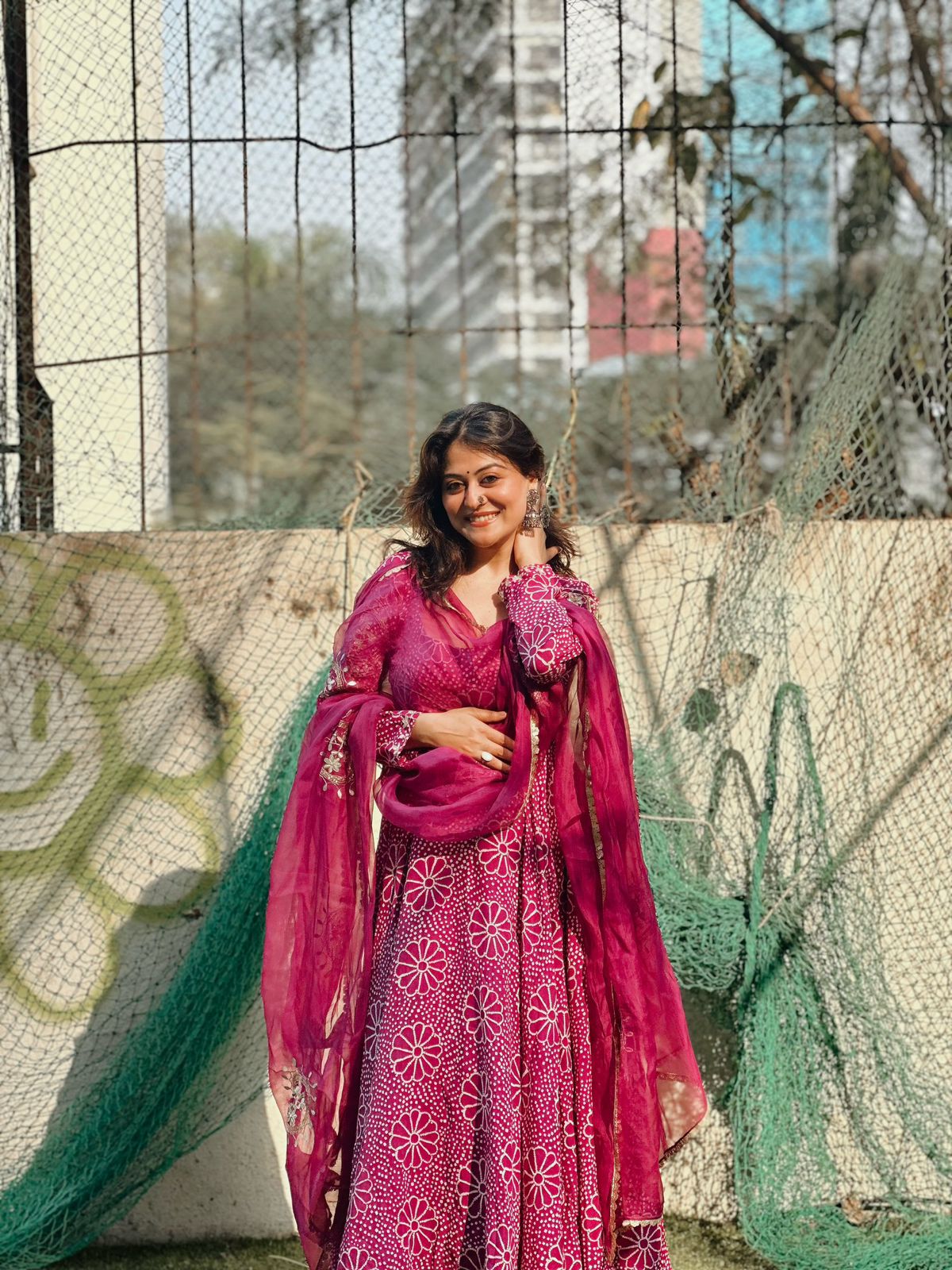 Royal Magenta Floral Anarkali Gown Set with Crepe Plazo & Chinon Dupatta