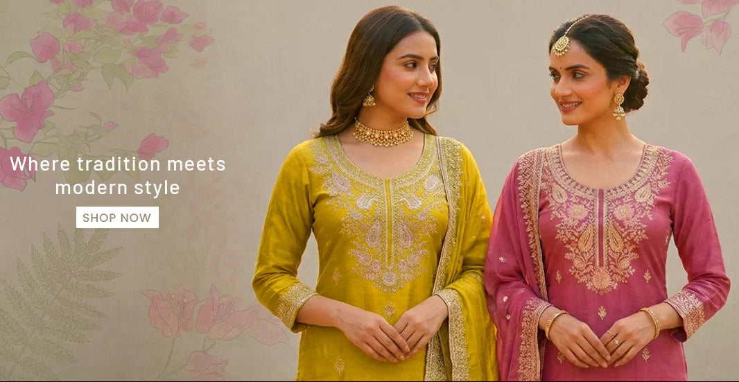 Two women in traditional outfits with floral background and text 'Where tradition meets modern style'.