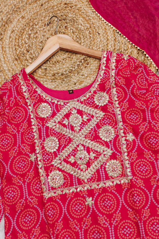 Exclusive Bandhani Print Muslin Kurti Set with Embroidery & Dupatta - Radiant Pink