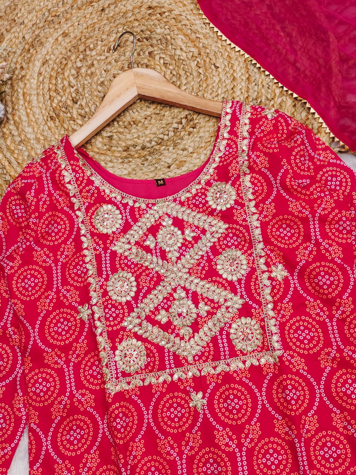 Exclusive Bandhani Print Muslin Kurti Set with Embroidery & Dupatta - Radiant Pink