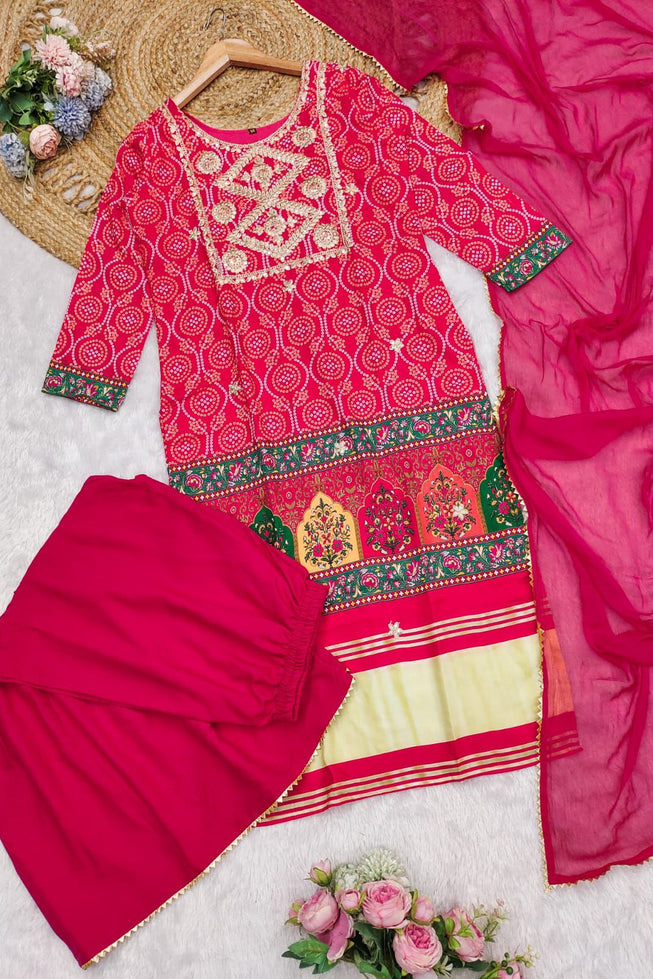Exclusive Bandhani Print Muslin Kurti Set with Embroidery & Dupatta - Radiant Pink