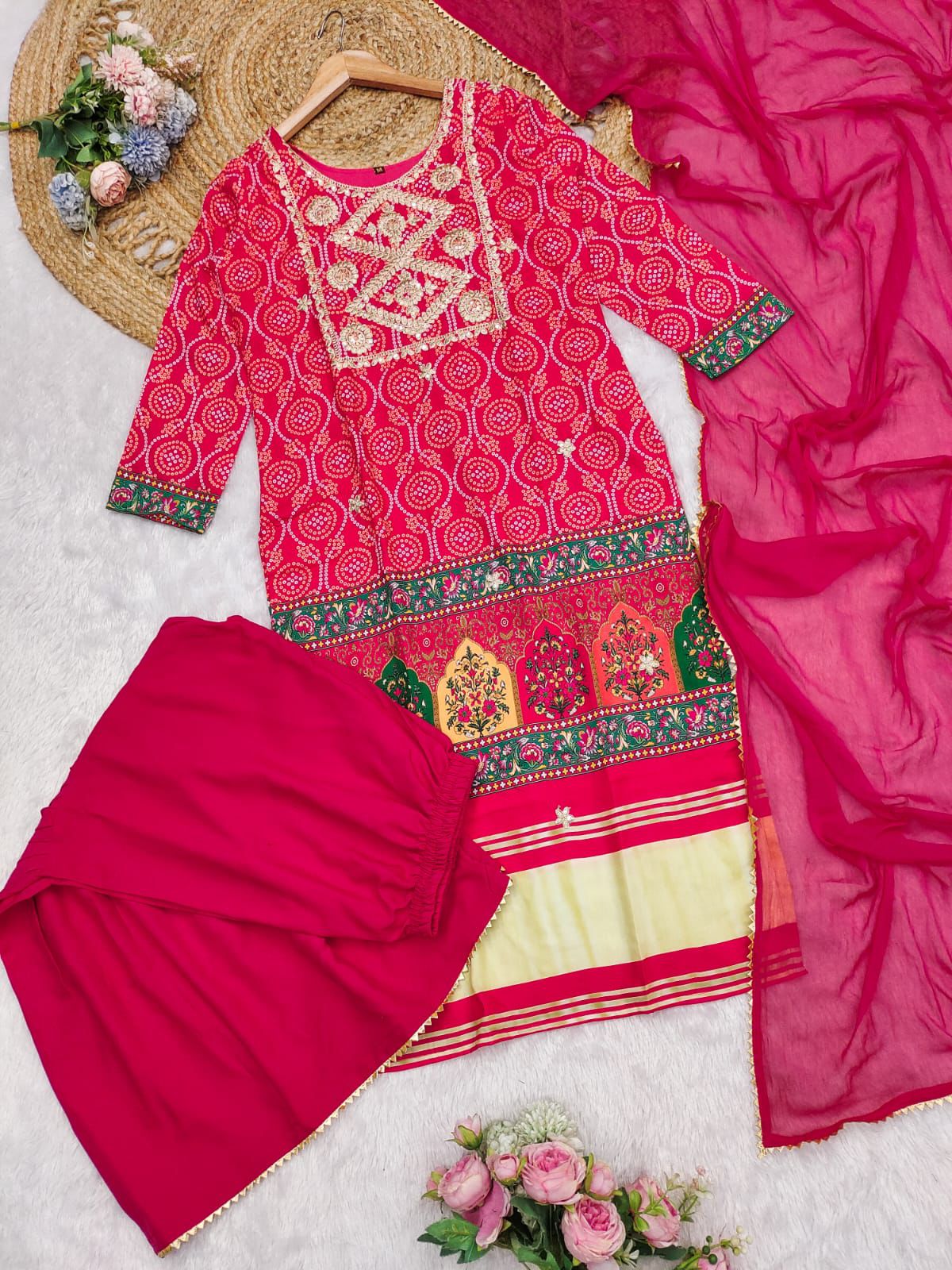 Exclusive Bandhani Print Muslin Kurti Set with Embroidery & Dupatta - Radiant Pink