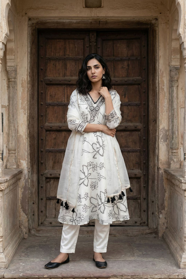 Ethereal Monochrome Anarkali Suit Set – Digital Print French Crepe with Organza Dupatta