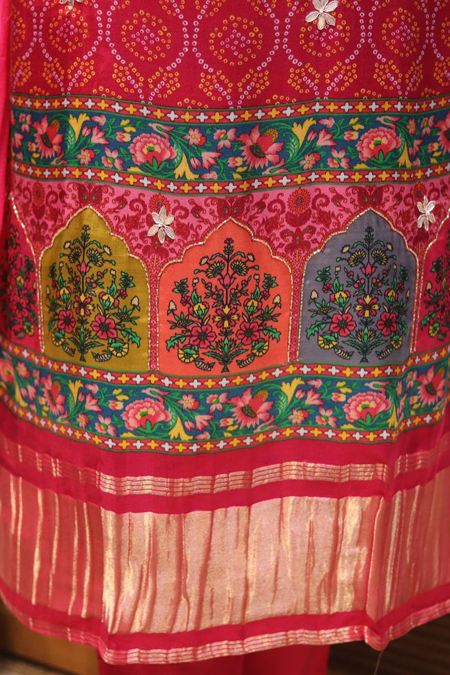 Exclusive Bandhani Print Muslin Kurti Set with Embroidery & Dupatta - Radiant Pink
