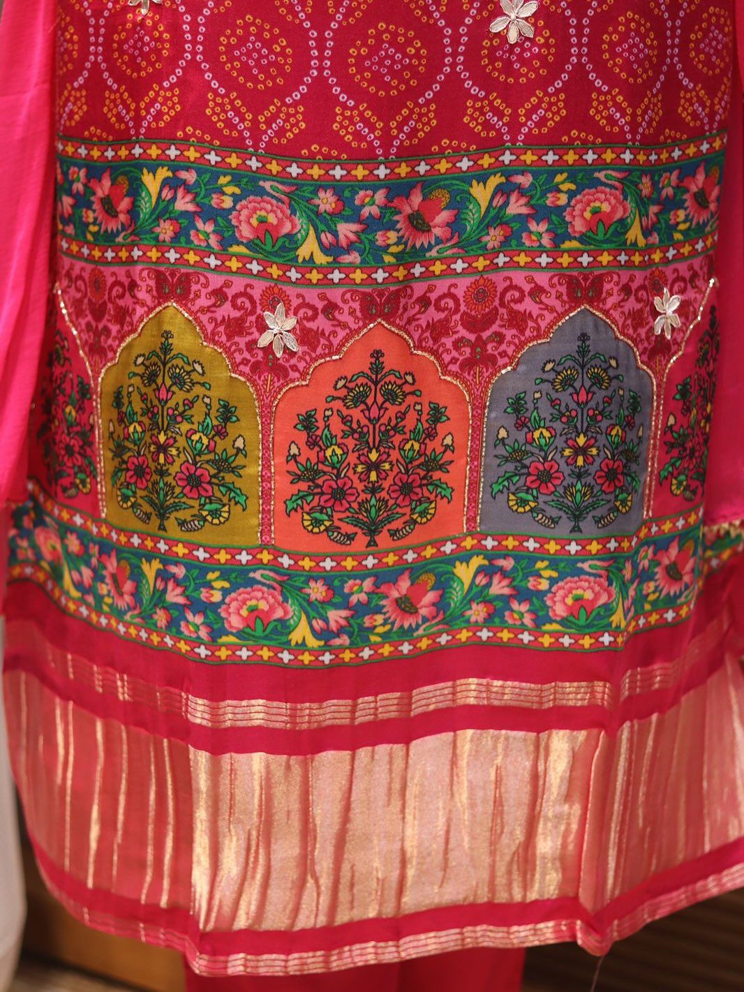 Exclusive Bandhani Print Muslin Kurti Set with Embroidery & Dupatta - Radiant Pink