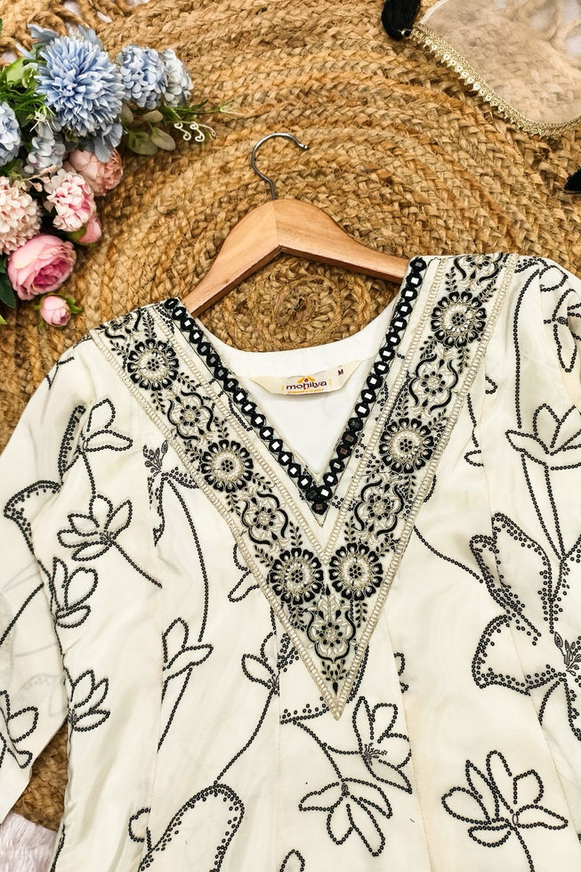 Ethereal Monochrome Anarkali Suit Set – Digital Print French Crepe with Organza Dupatta