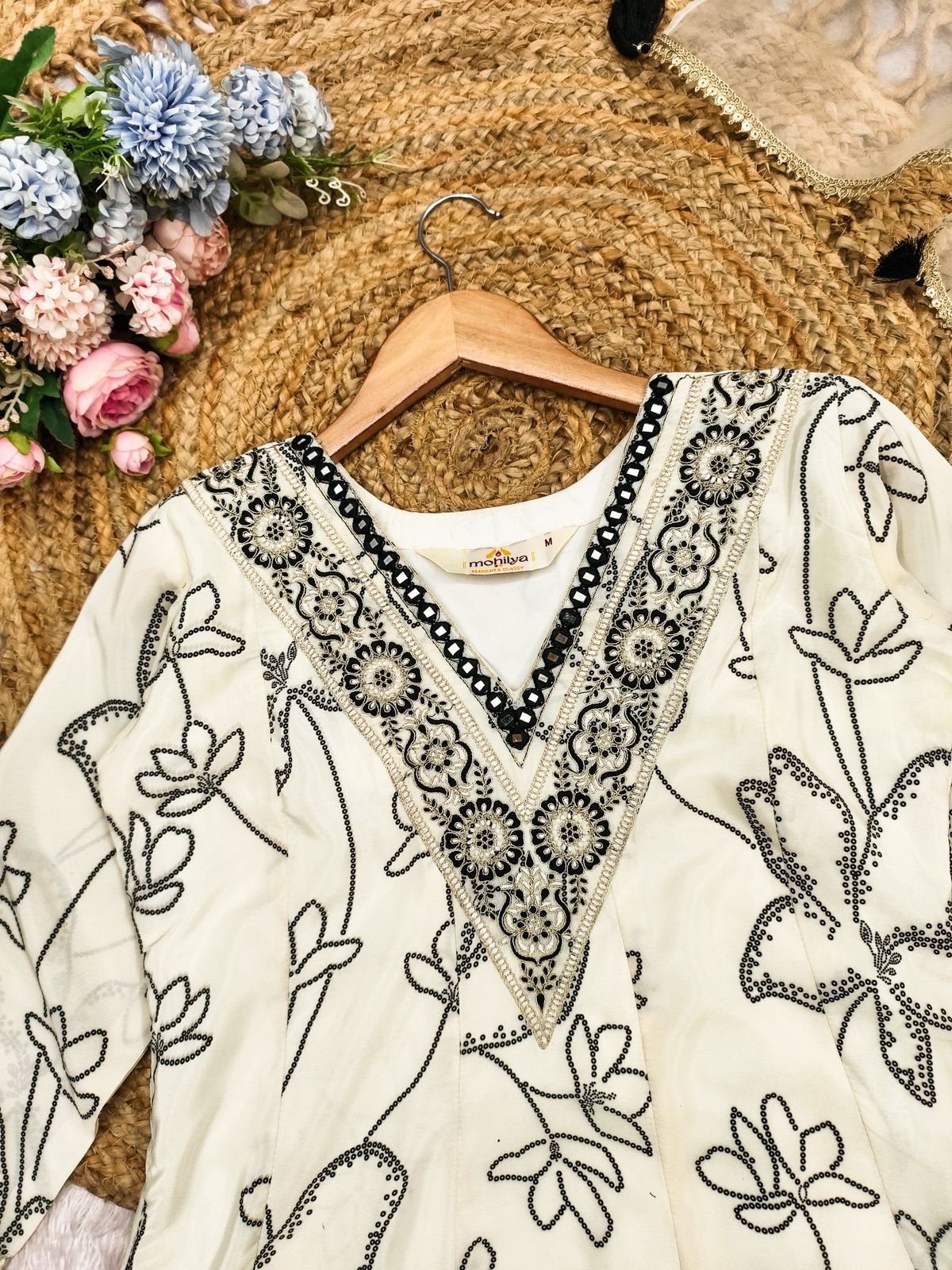 Ethereal Monochrome Anarkali Suit Set – Digital Print French Crepe with Organza Dupatta