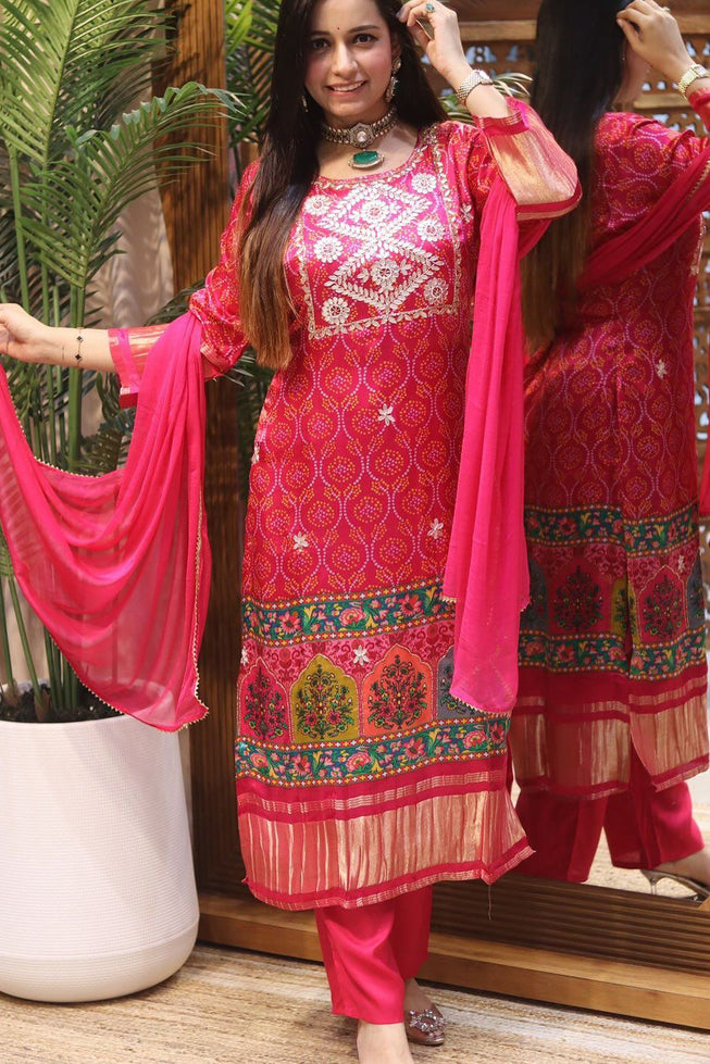 Exclusive Bandhani Print Muslin Kurti Set with Embroidery & Dupatta - Radiant Pink