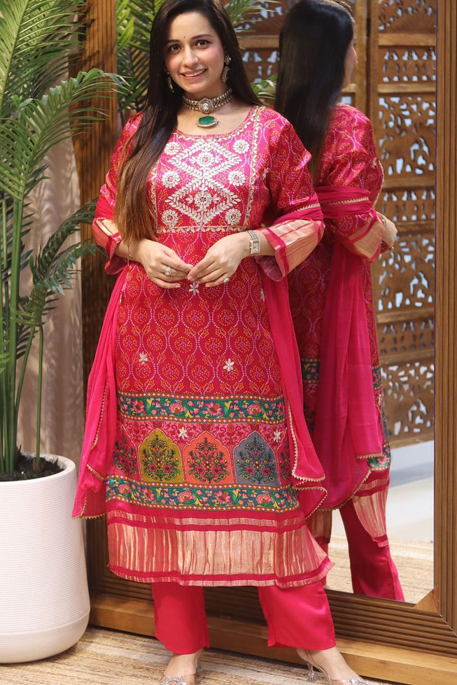 Exclusive Bandhani Print Muslin Kurti Set with Embroidery & Dupatta - Radiant Pink