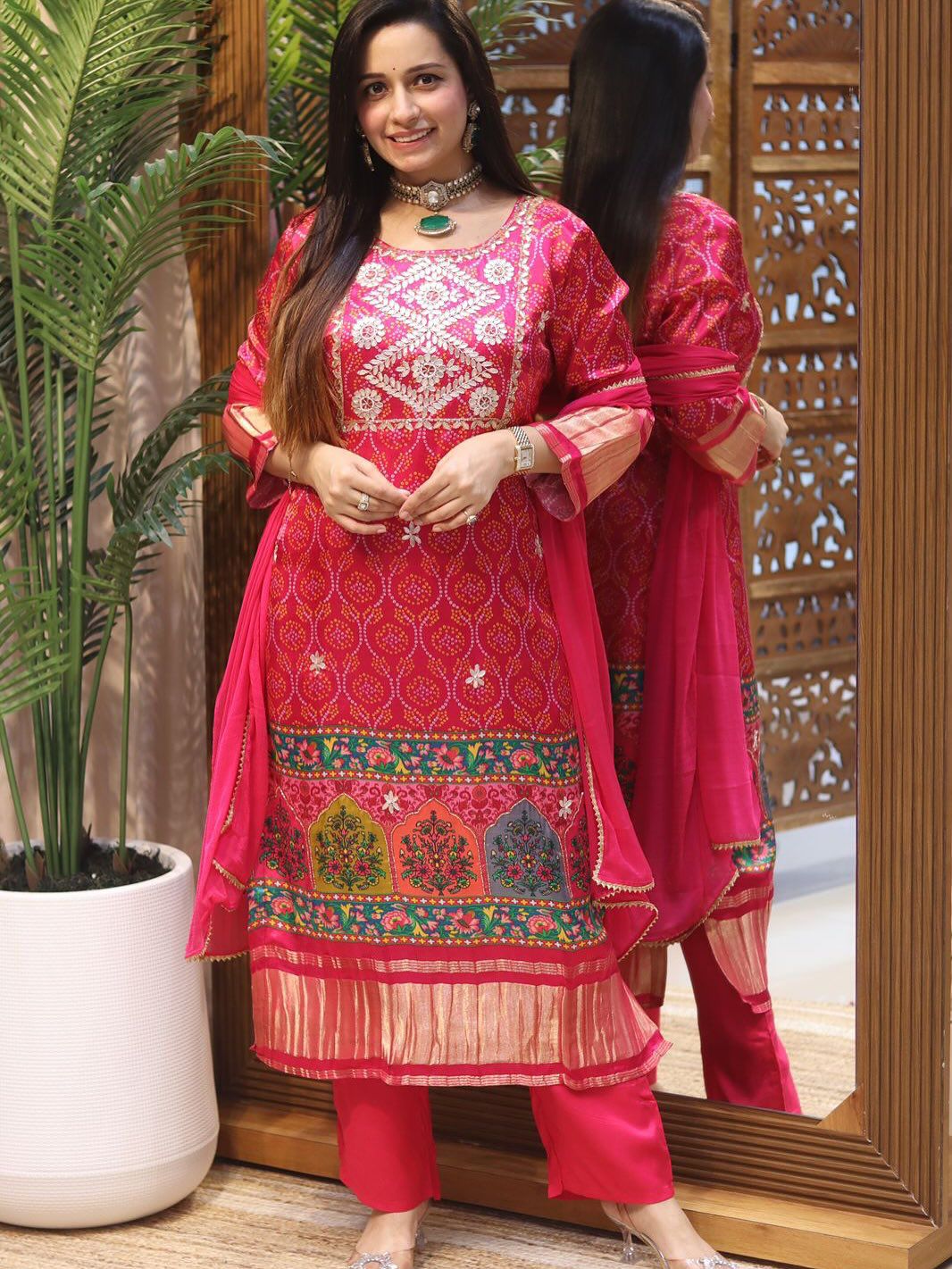 Exclusive Bandhani Print Muslin Kurti Set with Embroidery & Dupatta - Radiant Pink