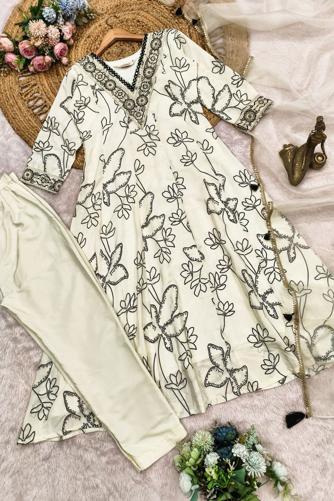 Ethereal Monochrome Anarkali Suit Set – Digital Print French Crepe with Organza Dupatta