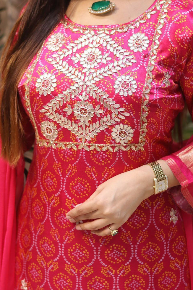 Exclusive Bandhani Print Muslin Kurti Set with Embroidery & Dupatta - Radiant Pink