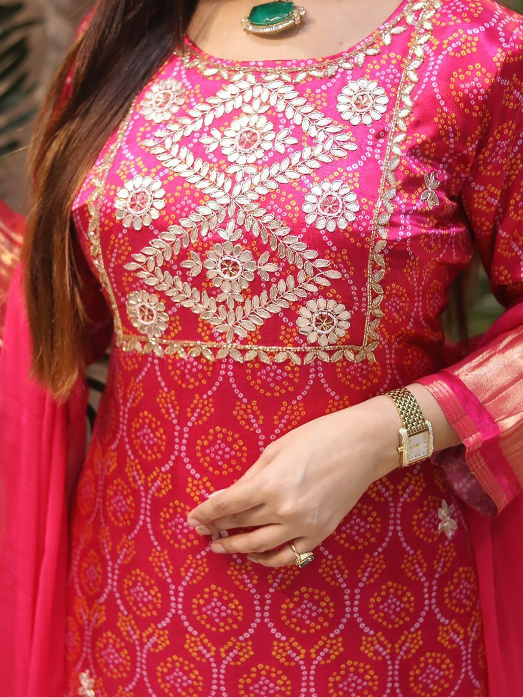 Exclusive Bandhani Print Muslin Kurti Set with Embroidery & Dupatta - Radiant Pink