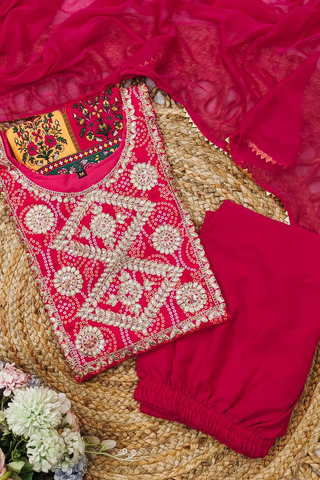 Exclusive Bandhani Print Muslin Kurti Set with Embroidery & Dupatta - Radiant Pink