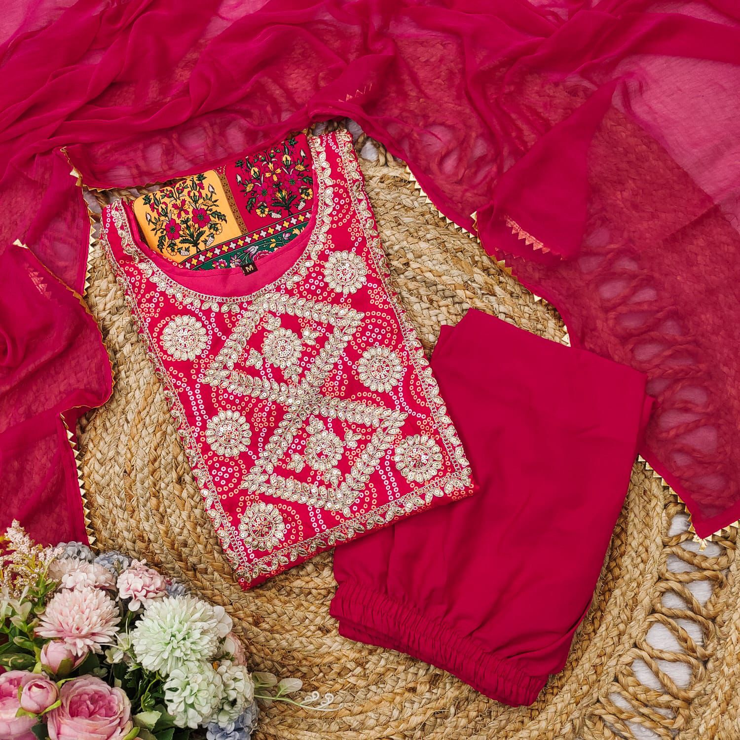 Exclusive Bandhani Print Muslin Kurti Set with Embroidery & Dupatta - Radiant Pink
