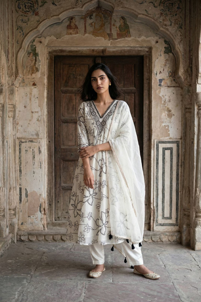 Ethereal Monochrome Anarkali Suit Set – Digital Print French Crepe with Organza Dupatta