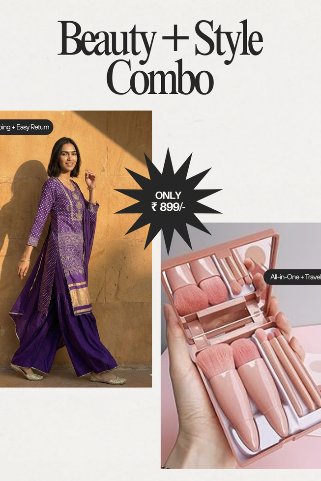 Exclusive Purple Chinon Kurta Set with Gold Embroidery & Portable 5-in-1 Travel Makeup Brush Set with Mirror - Festive Ready Beauty & Fashion Combo