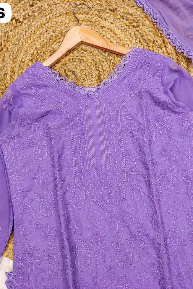 Premium Lavender Chikankari Fox Georgette 3-Piece Suit Set