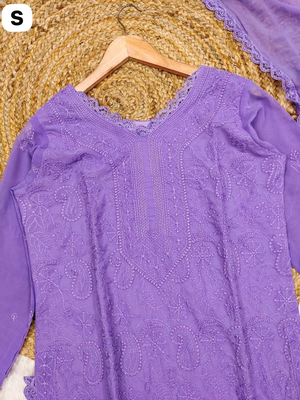 Premium Lavender Chikankari Fox Georgette 3-Piece Suit Set
