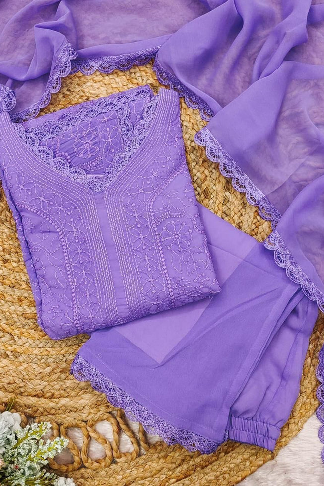 Premium Lavender Chikankari Fox Georgette 3-Piece Suit Set