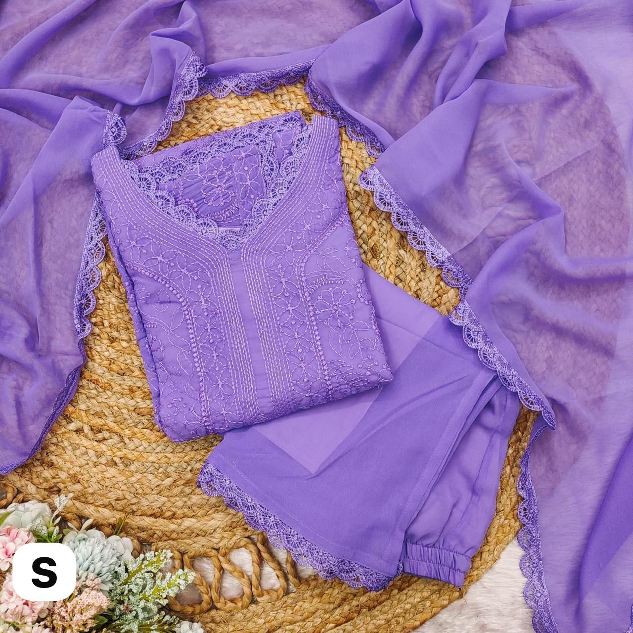 Premium Lavender Chikankari Fox Georgette 3-Piece Suit Set