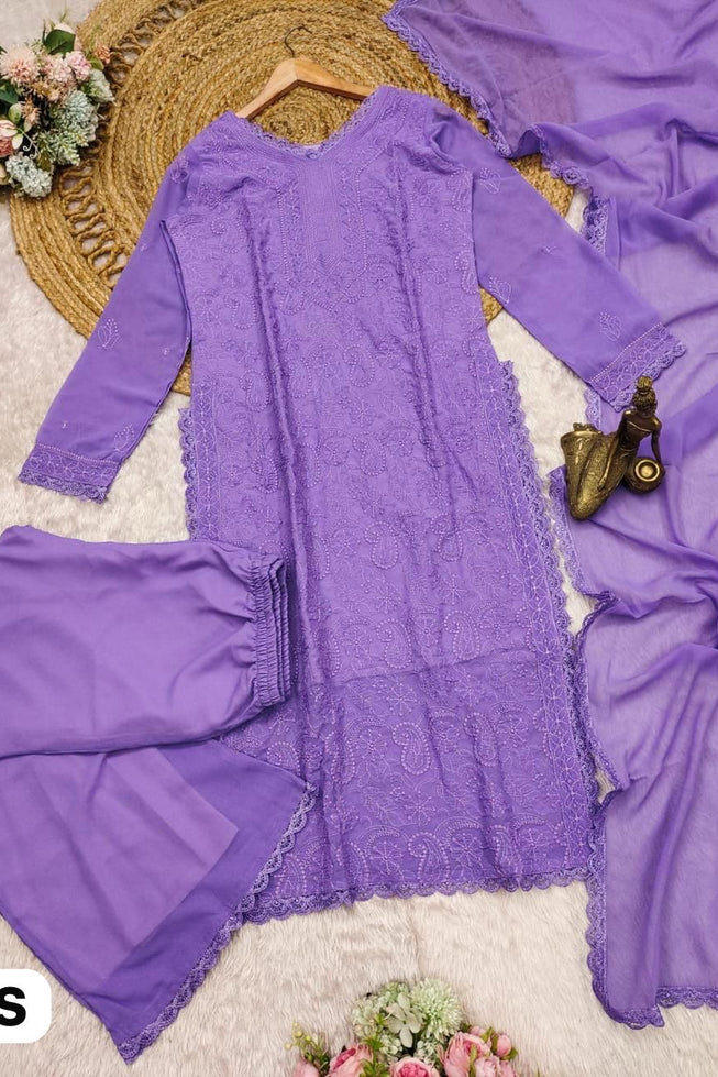 Premium Lavender Chikankari Fox Georgette 3-Piece Suit Set