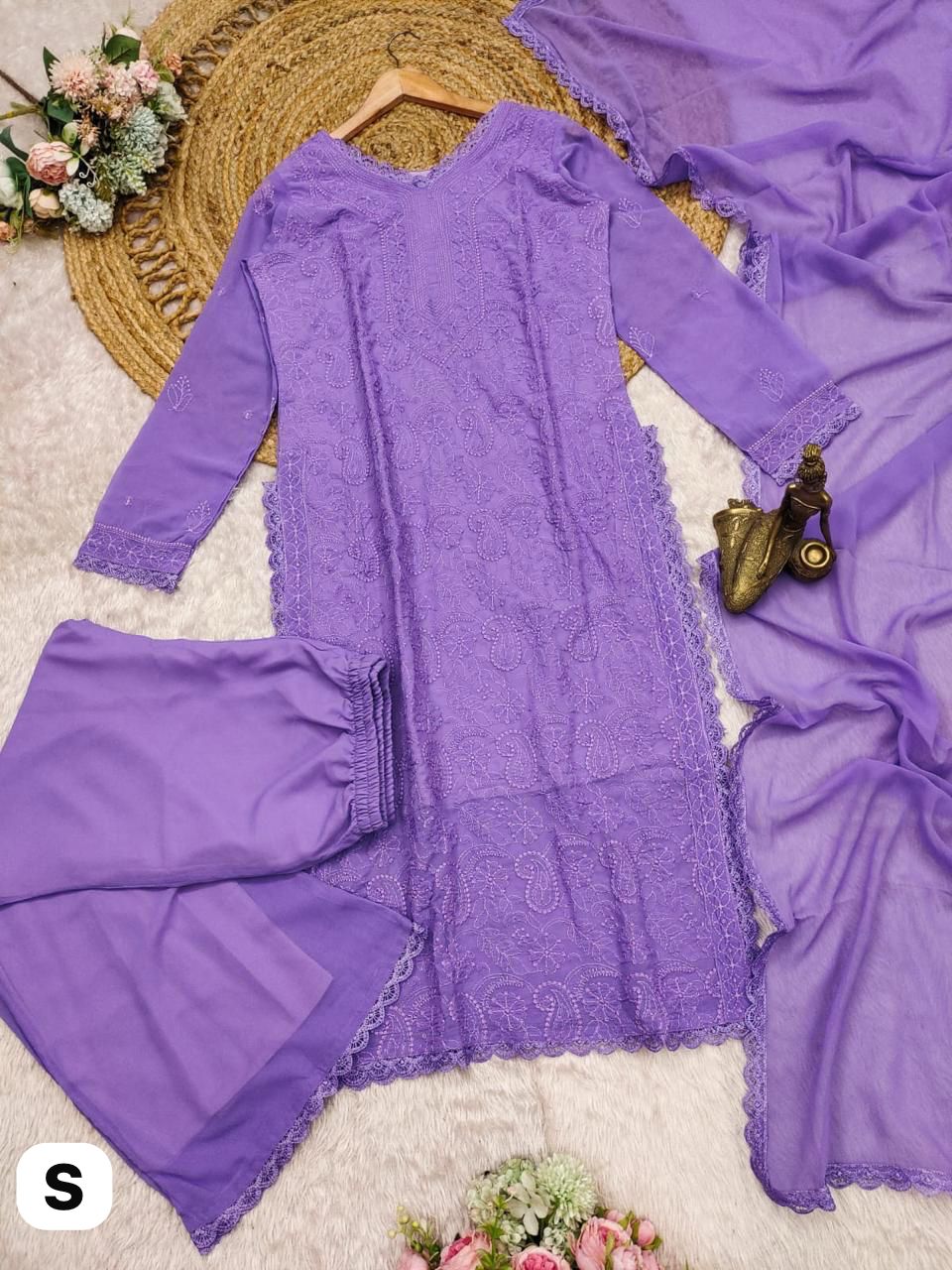 Premium Lavender Chikankari Fox Georgette 3-Piece Suit Set