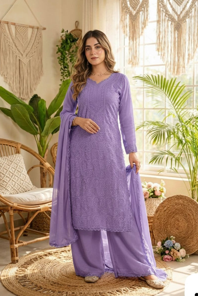 Premium Lavender Chikankari Fox Georgette 3-Piece Suit Set