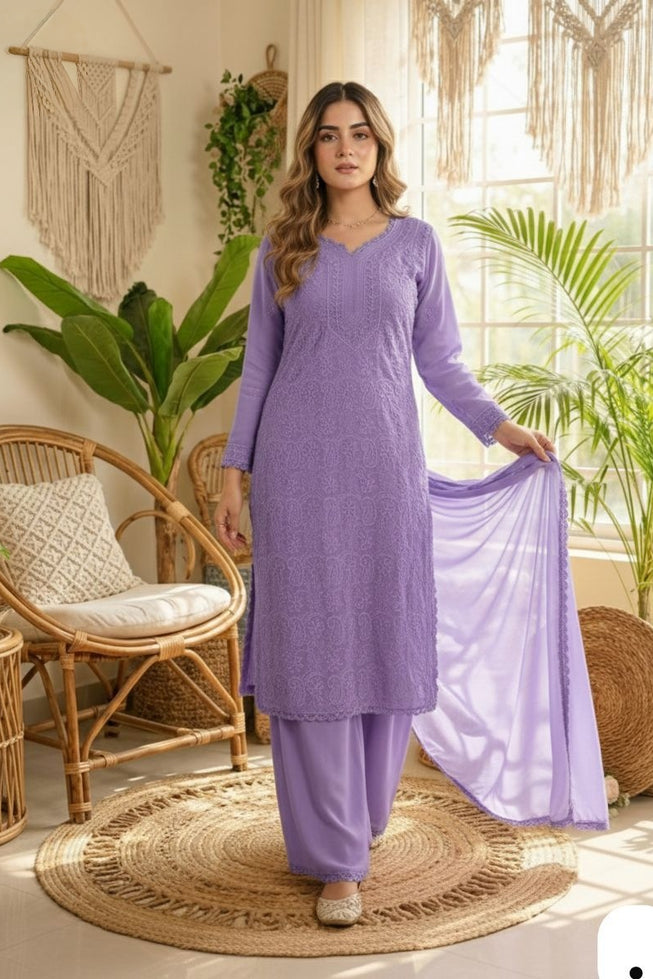 Premium Lavender Chikankari Fox Georgette 3-Piece Suit Set
