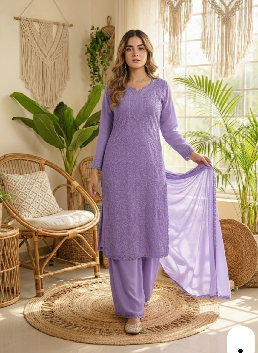 Premium Lavender Chikankari Fox Georgette 3-Piece Suit Set