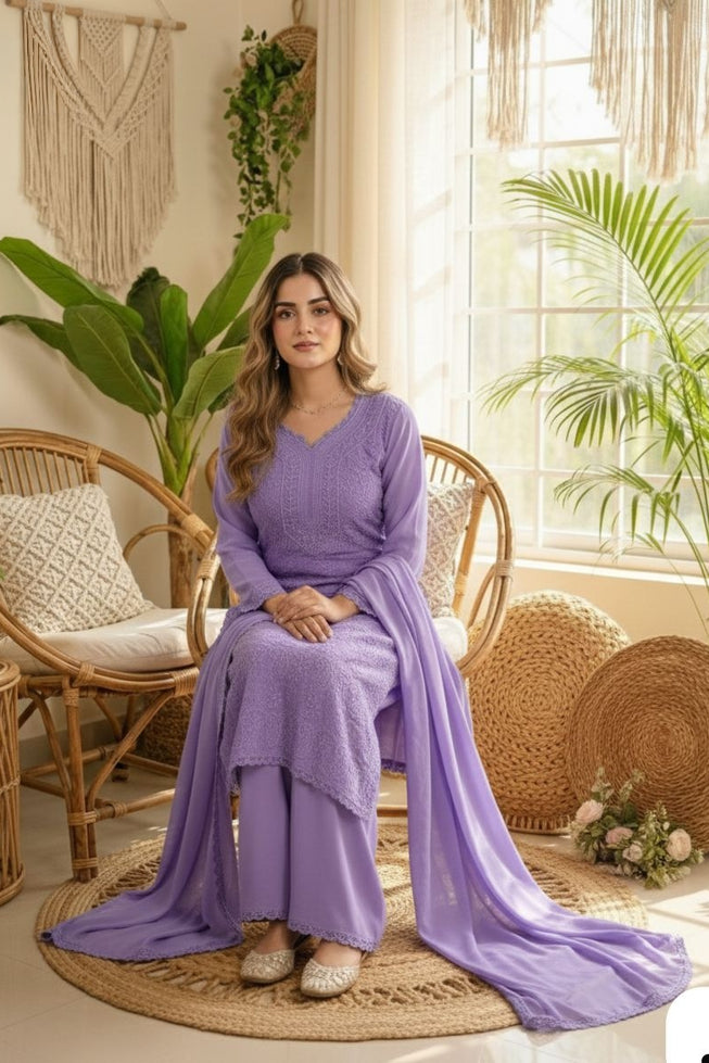 Premium Lavender Chikankari Fox Georgette 3-Piece Suit Set
