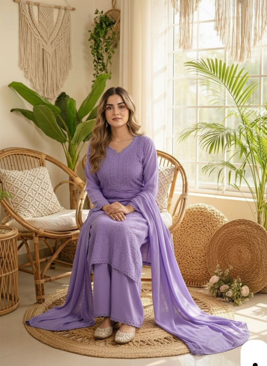Premium Lavender Chikankari Fox Georgette 3-Piece Suit Set