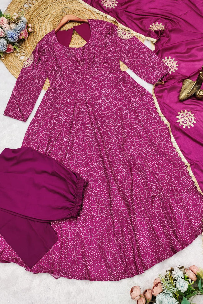 Royal Magenta Floral Anarkali Gown Set with Crepe Plazo & Chinon Dupatta