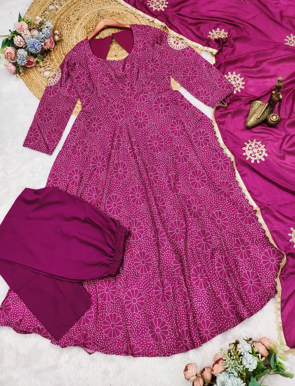 Royal Magenta Floral Anarkali Gown Set with Crepe Plazo & Chinon Dupatta