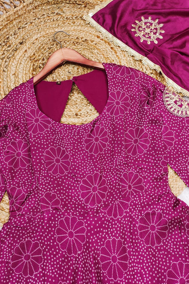 Royal Magenta Floral Anarkali Gown Set with Crepe Plazo & Chinon Dupatta