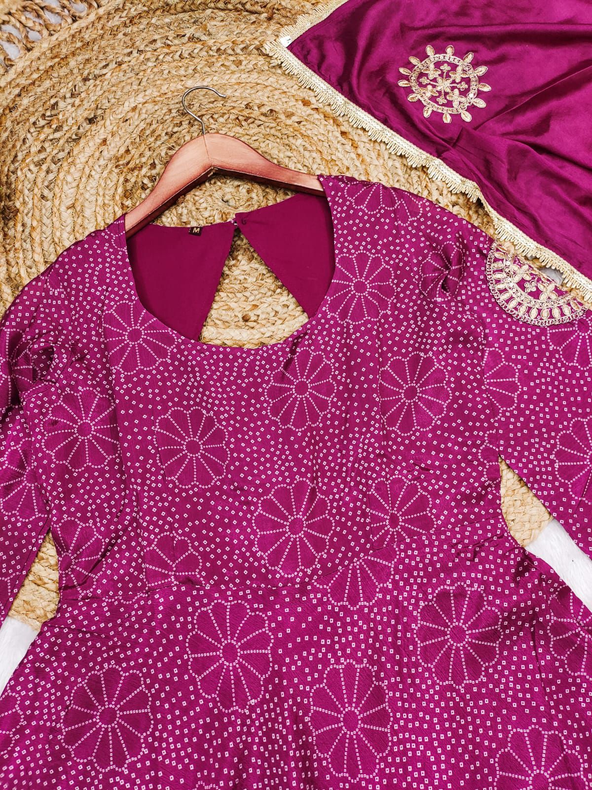 Royal Magenta Floral Anarkali Gown Set with Crepe Plazo & Chinon Dupatta