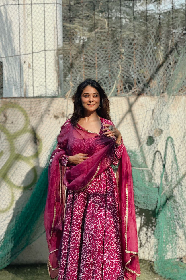 Royal Magenta Floral Anarkali Gown Set with Crepe Plazo & Chinon Dupatta