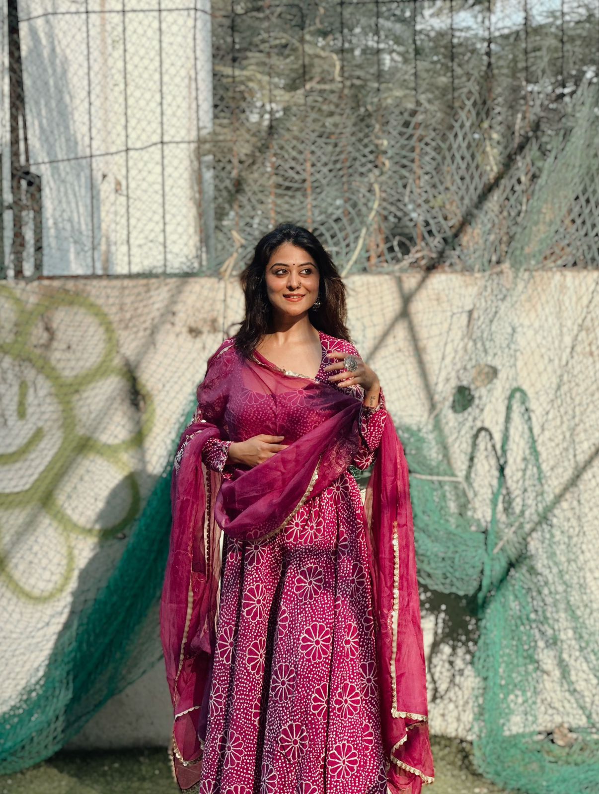 Royal Magenta Floral Anarkali Gown Set with Crepe Plazo & Chinon Dupatta