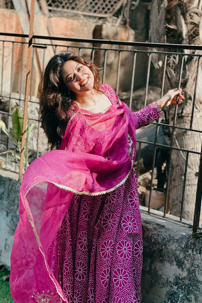 Royal Magenta Floral Anarkali Gown Set with Crepe Plazo & Chinon Dupatta