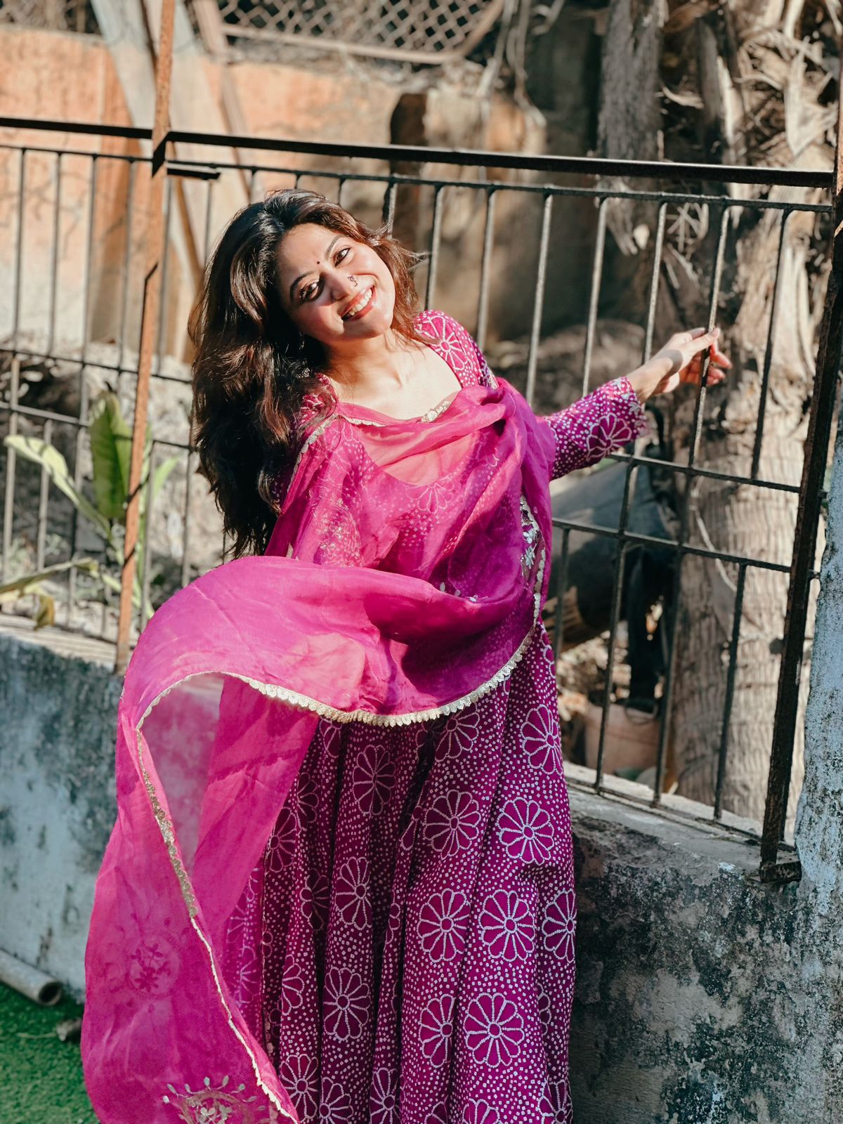 Royal Magenta Floral Anarkali Gown Set with Crepe Plazo & Chinon Dupatta
