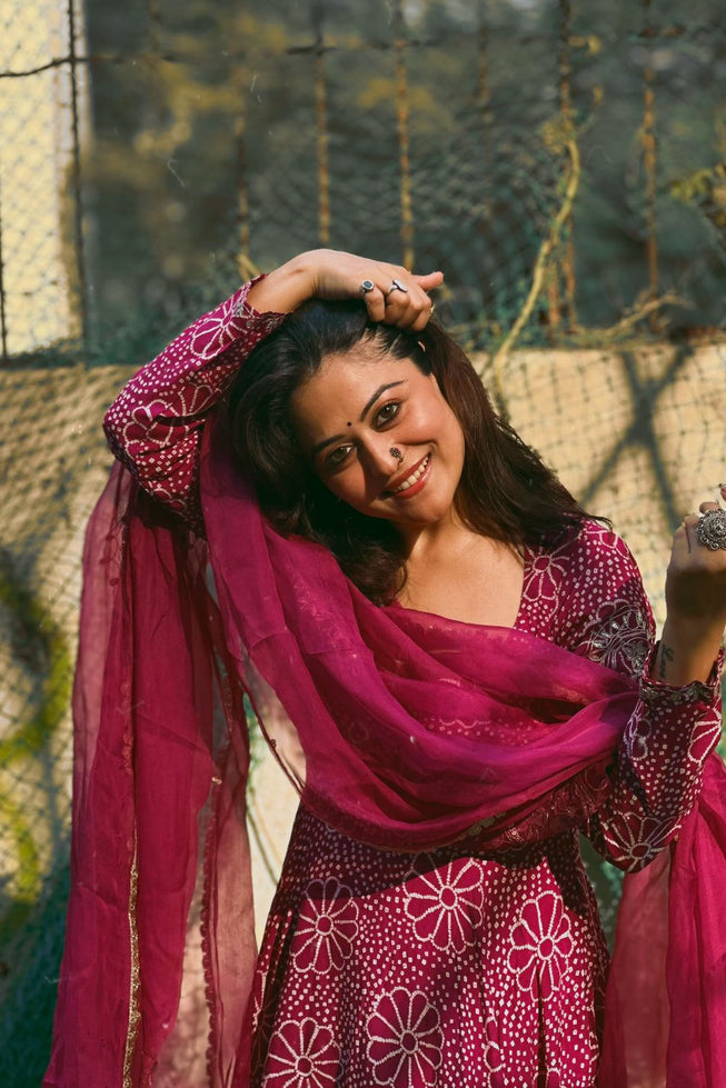 Royal Magenta Floral Anarkali Gown Set with Crepe Plazo & Chinon Dupatta