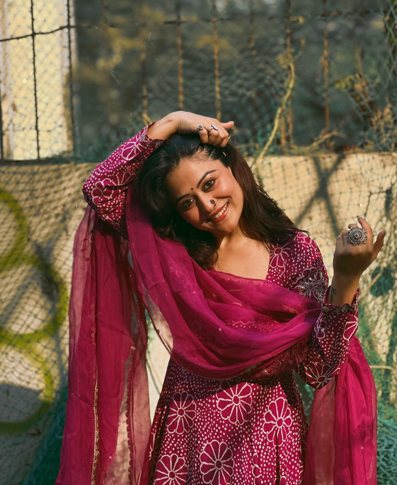 Royal Magenta Floral Anarkali Gown Set with Crepe Plazo & Chinon Dupatta