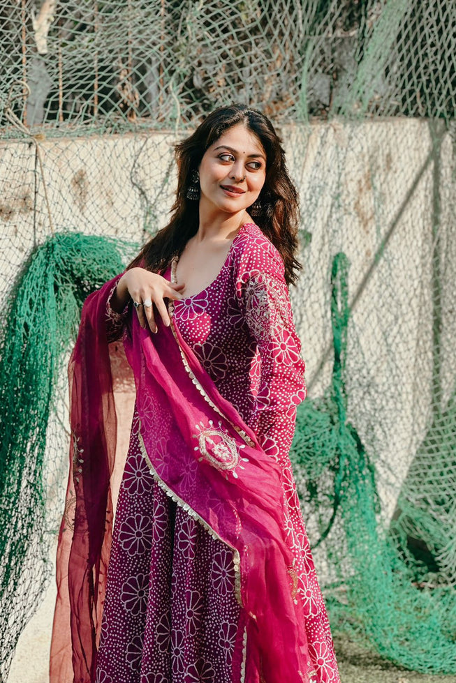 Royal Magenta Floral Anarkali Gown Set with Crepe Plazo & Chinon Dupatta