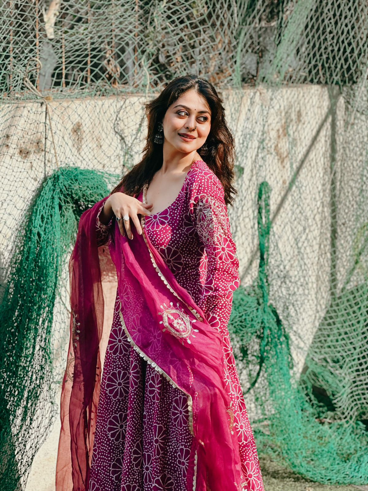 Royal Magenta Floral Anarkali Gown Set with Crepe Plazo & Chinon Dupatta