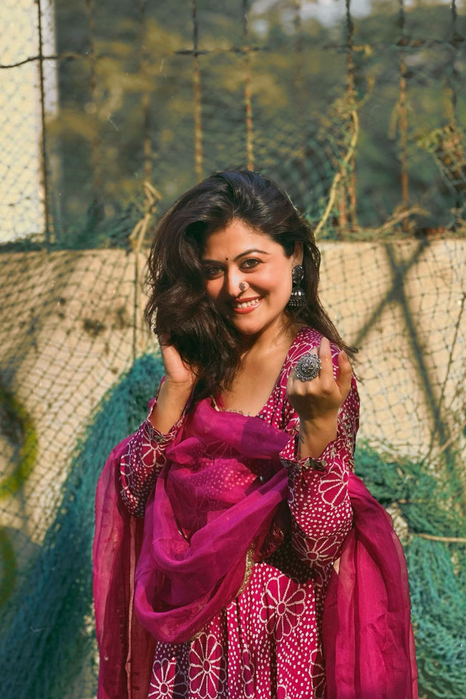 Royal Magenta Floral Anarkali Gown Set with Crepe Plazo & Chinon Dupatta
