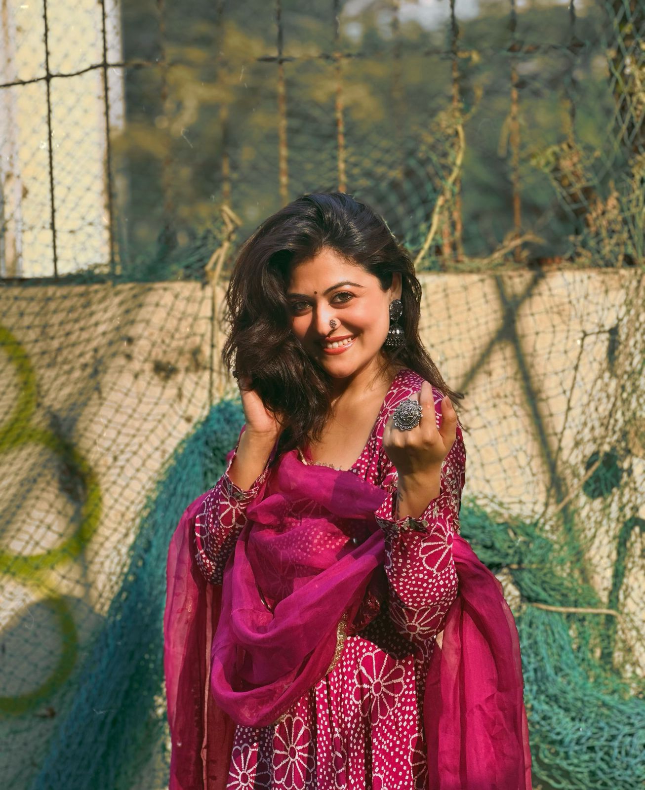 Royal Magenta Floral Anarkali Gown Set with Crepe Plazo & Chinon Dupatta