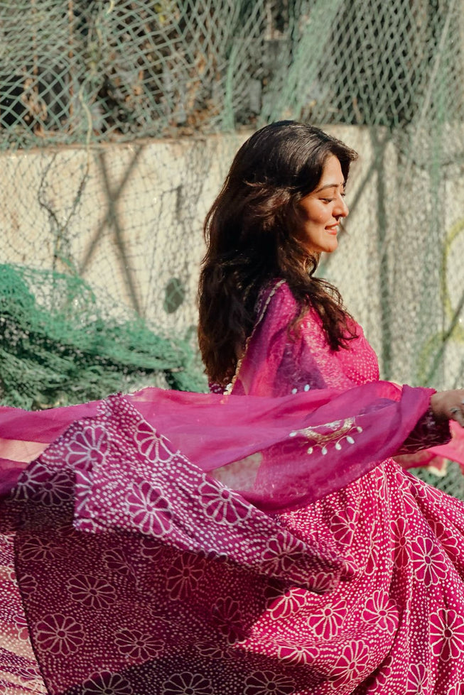 Royal Magenta Floral Anarkali Gown Set with Crepe Plazo & Chinon Dupatta